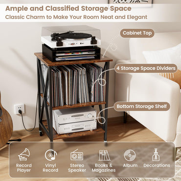 Goflame Record Player Stand with Charging Station, Turntable Stand with Record Storage & 4 Rolling Wheels