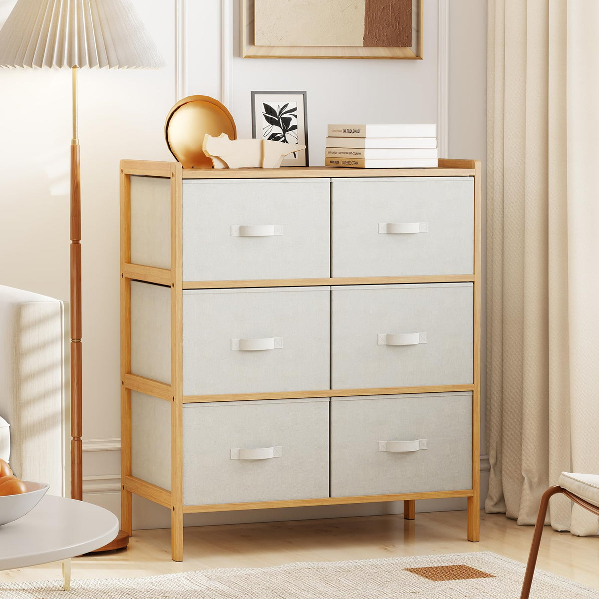 Goflame White Dresser for Bedroom Bamboo 6 Fabric Drawers Storage Tower with Top Shelf