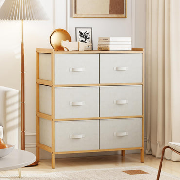 Goflame White Dresser for Bedroom Bamboo 6 Fabric Drawers Storage Tower with Top Shelf