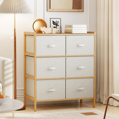 Goflame White Dresser for Bedroom Bamboo 6 Fabric Drawers Storage Tower with Top Shelf