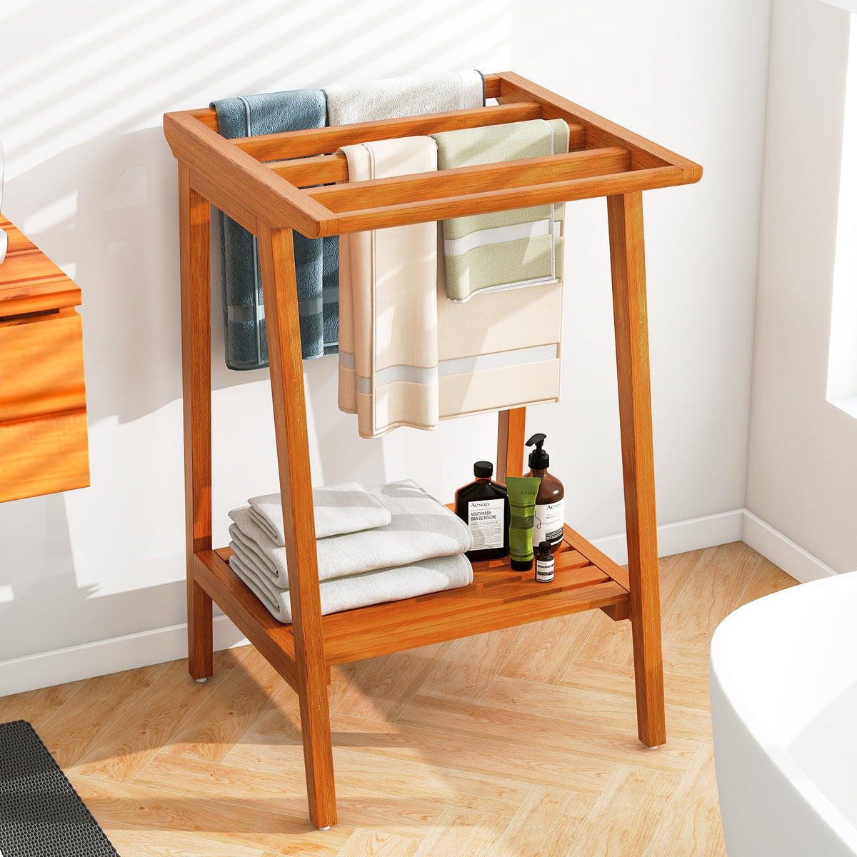 Goflame Teak Towel Rack for Bathroom, 5 Bars Freestanding Towel Racks with Storage Shelf, 19.5" L x 19.5" W x 31.5" H