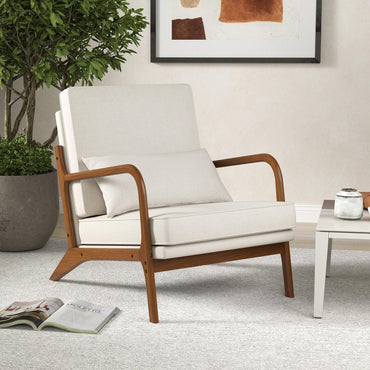 Goflame Mid Century Modern Accent Chair, Upholstered Armchair with Pillow, Rubber Wood Armrests & Legs