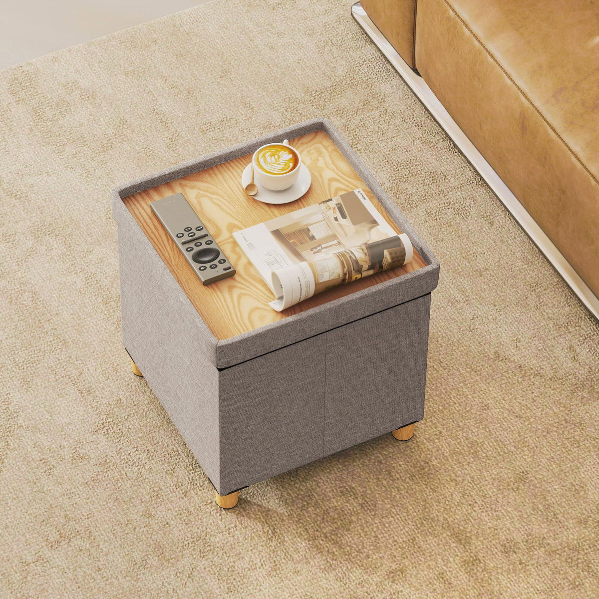Goflame 18 Inches Ottoman with Storage and Rubber Wood Legs
