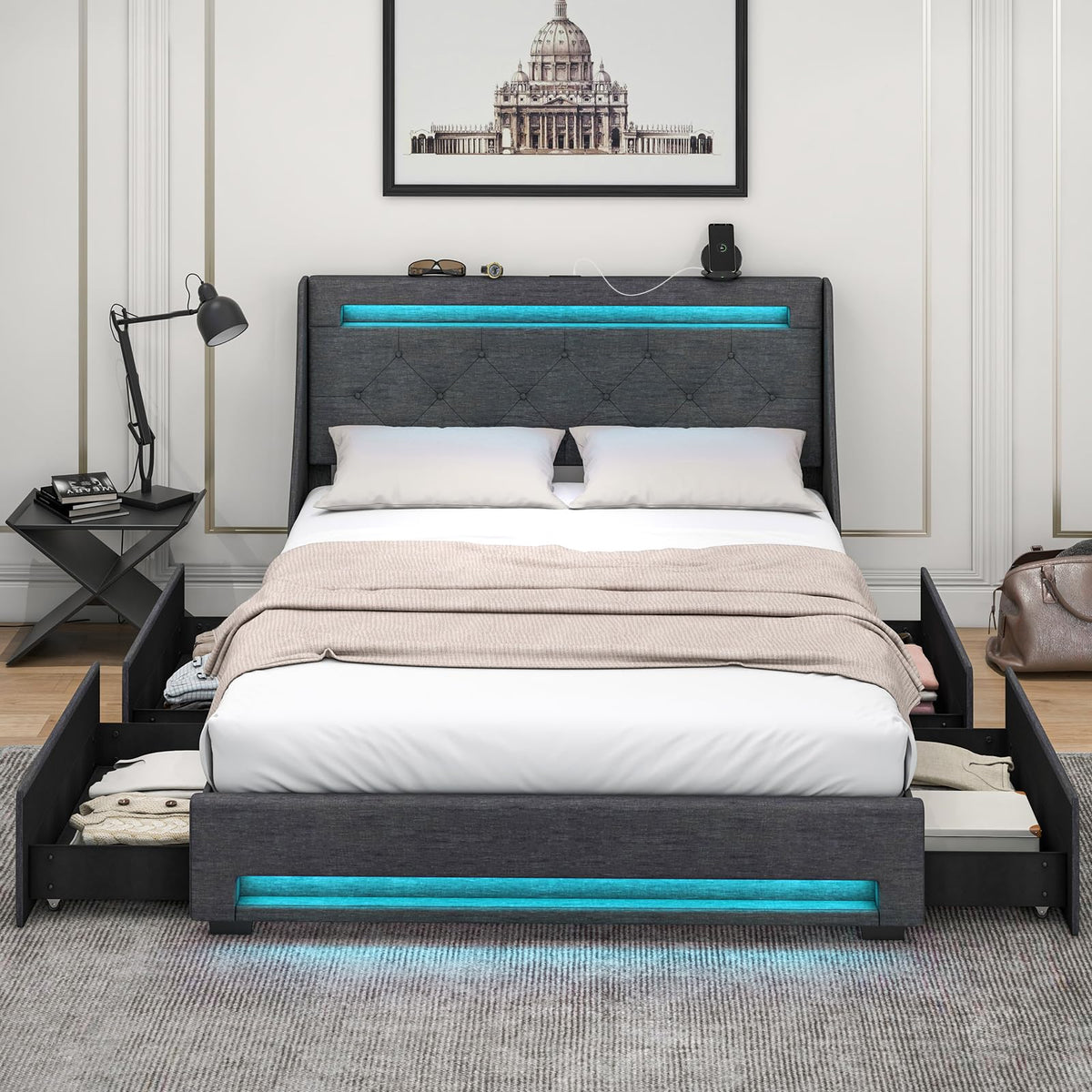 Goflame Full Size Bed Frame with LED Lights & Charging Station, Upholstered Platform Bed with Wingback Headboard