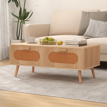 Goflame Rattan Coffee Table, Mid Century Modern Center Table with 2 Storage Drawers & Back Compartment