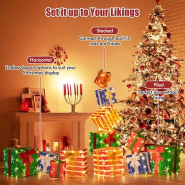 Goflame Lighted Gift Boxes, Set of 4 Stackable Pre-lit Box Decorations with Warm White LED Lights & Pre-Assembled Ribbons
