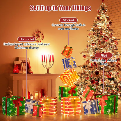 Goflame Lighted Gift Boxes, Set of 4 Stackable Pre-lit Box Decorations with Warm White LED Lights & Pre-Assembled Ribbons