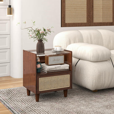 Goflame Rattan Nightstand with Drawer