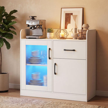Goflame RGB LED Buffet Sideboard | White Kitchen Storage Cabinet with Charging Station