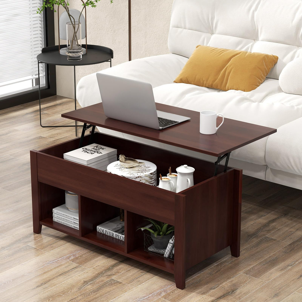 Goflame Lift Top Coffee Table - Rectangular Wooden Table w/Hidden Compartment & Open Storage Shelves