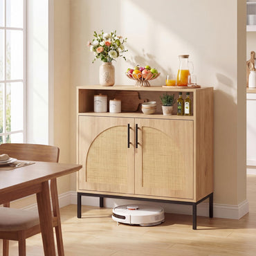 Goflame 32" Sideboard Buffet Cabinet with 2 Natural Rattan Decorated Doors (1/2)