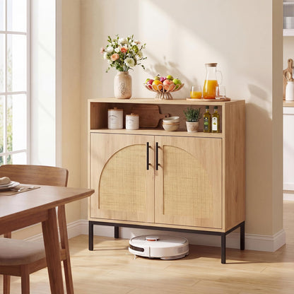 Goflame 32" Sideboard Buffet Cabinet with 2 Natural Rattan Decorated Doors (1/2)