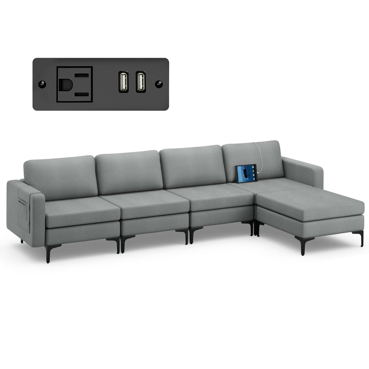 Goflame 4 Seat Convertible Sofa Couch, 123" L Sectional Sleeper with 2 or 1 USB Ports Socket