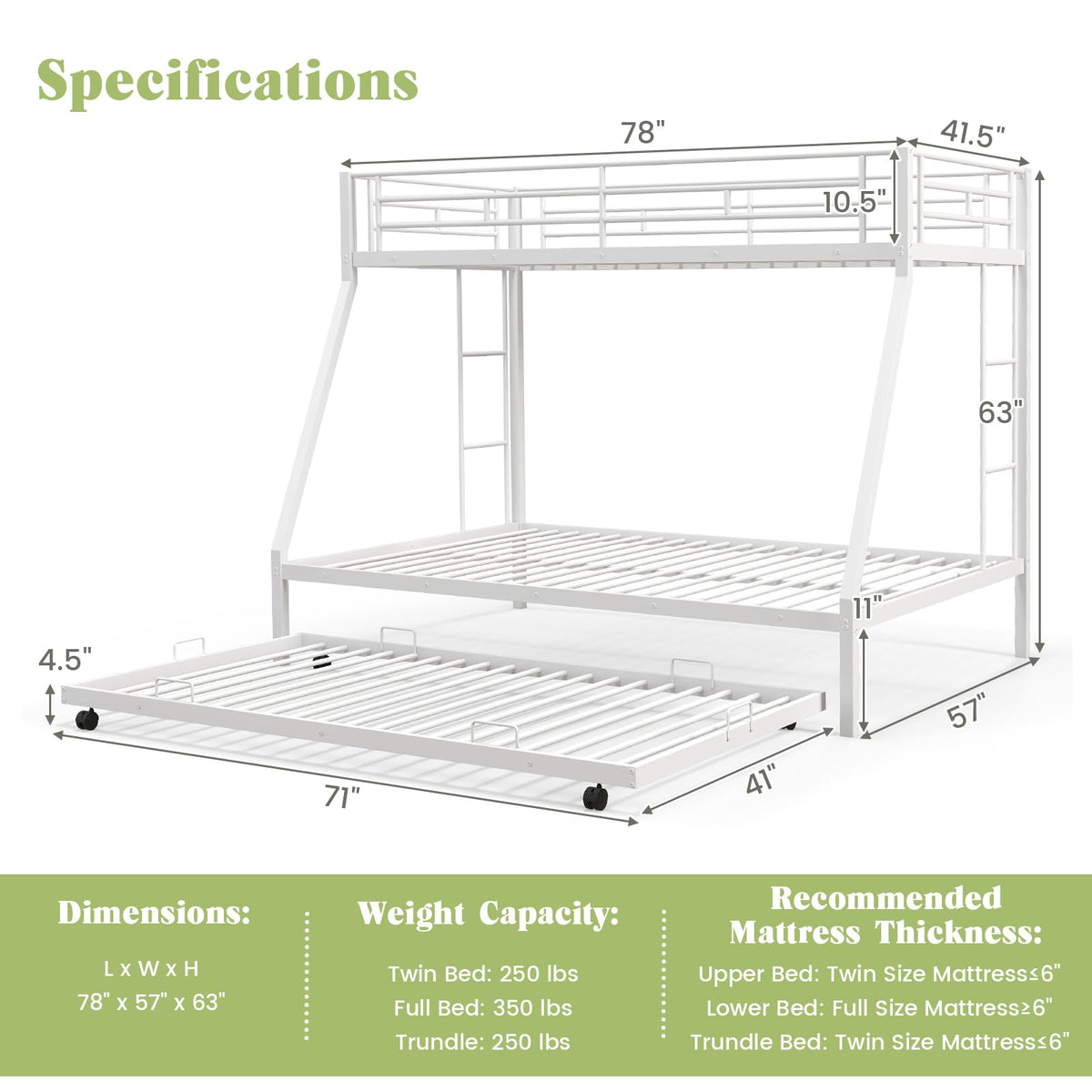 Goflame Twin Over Full Bunk Bed with Trundle, Heavy-Duty Metal Triple Bunk Beds