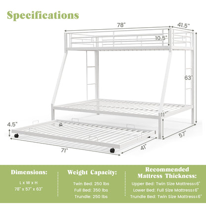 Goflame Twin Over Full Bunk Bed with Trundle, Heavy-Duty Metal Triple Bunk Beds