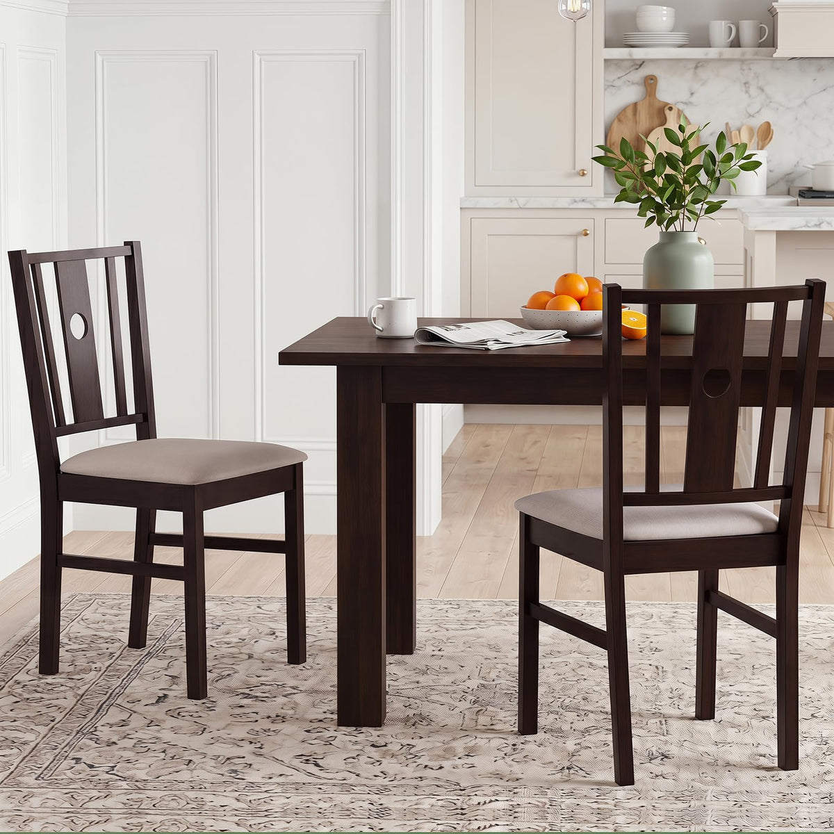 Goflame Wood Dining Chairs w/Fabric Padded Seat & Slatted Curved Back (2/4)