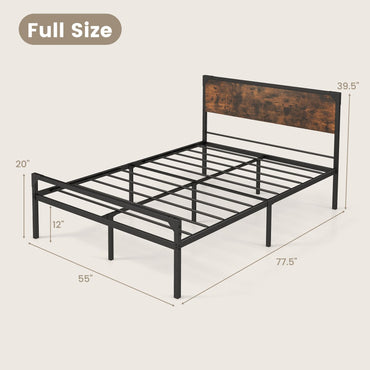 Goflame Full Size Bed Frame with Rustic Headboard & Footboard, Strong Metal Slat Support Mattress Foundation