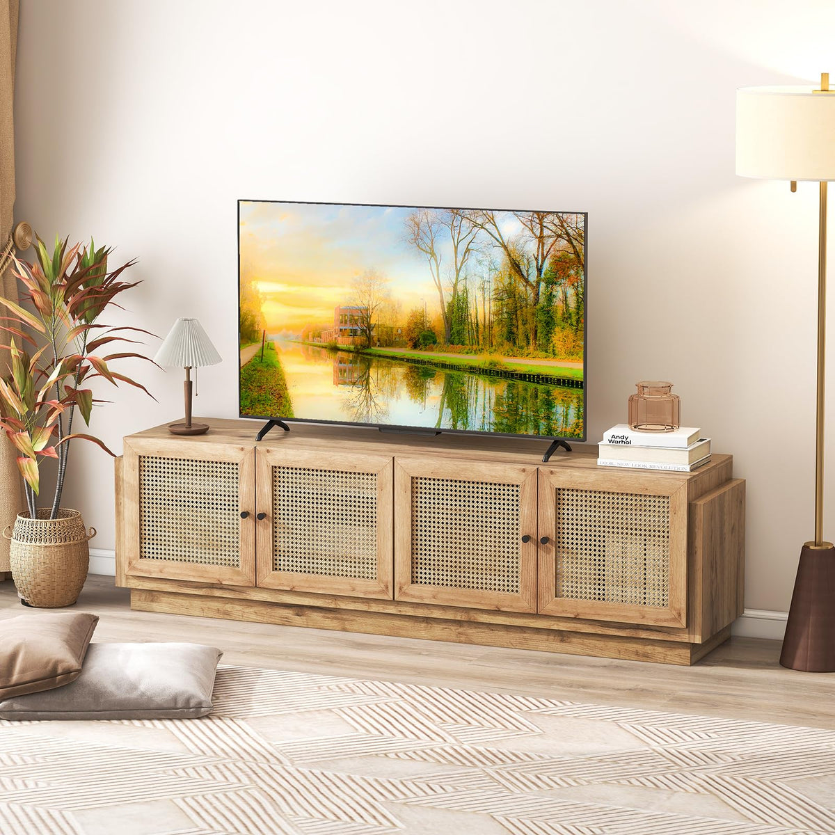 Goflame 4-Door PE Ratta TV Stand for TVs up to 75" with 2 Cabinets