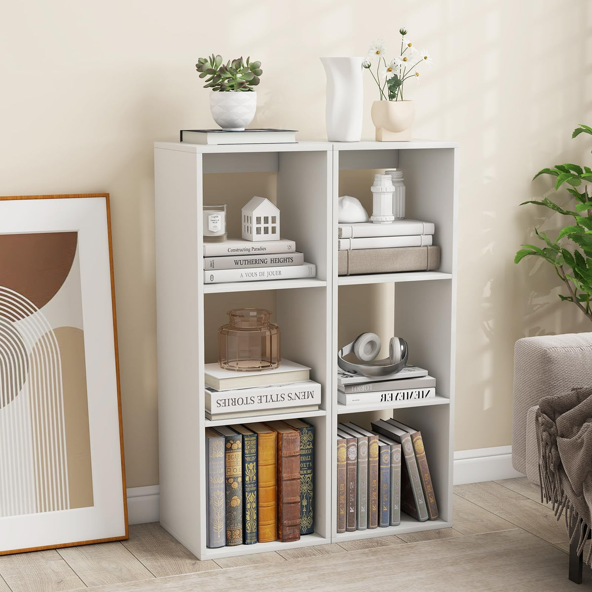 Goflame 3-Cube Bookcase, White Cubby Bookshelf w/Back Guardrail & Anti-Tipping Kits