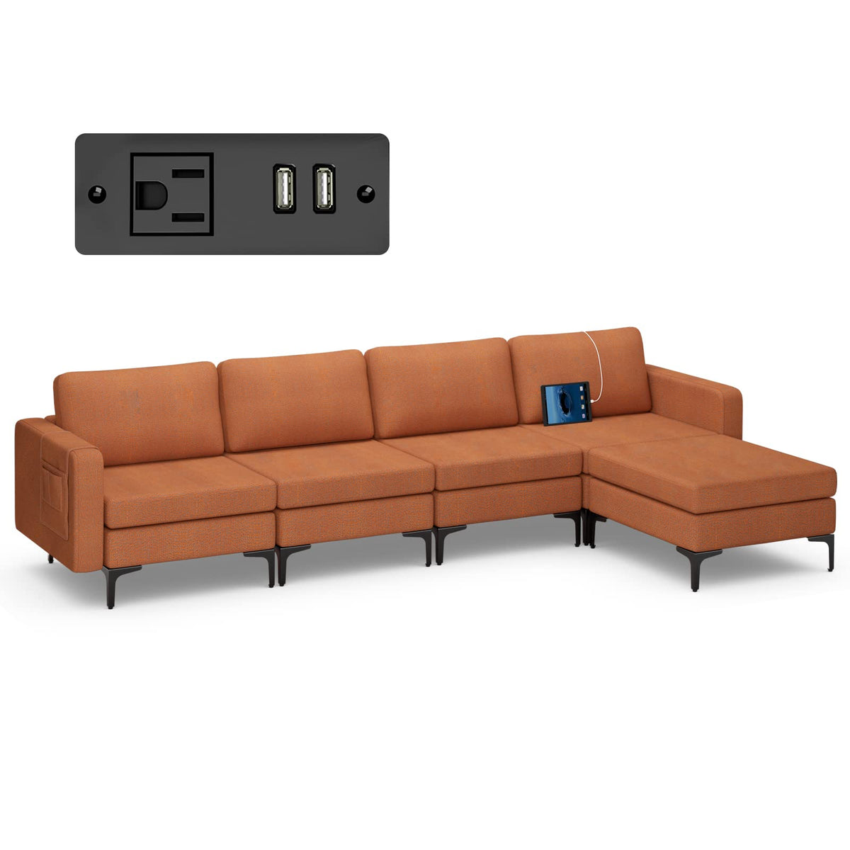 Goflame 4 Seat Convertible Sofa Couch, 123" L Sectional Sleeper with 2 or 1 USB Ports Socket