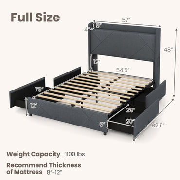 Goflame Full/Queen Size Bed Frame with 4 Storage Drawers & LED Lights, Headboard & Charging Station, Wooden Slats, Easy Assembly, Grey
