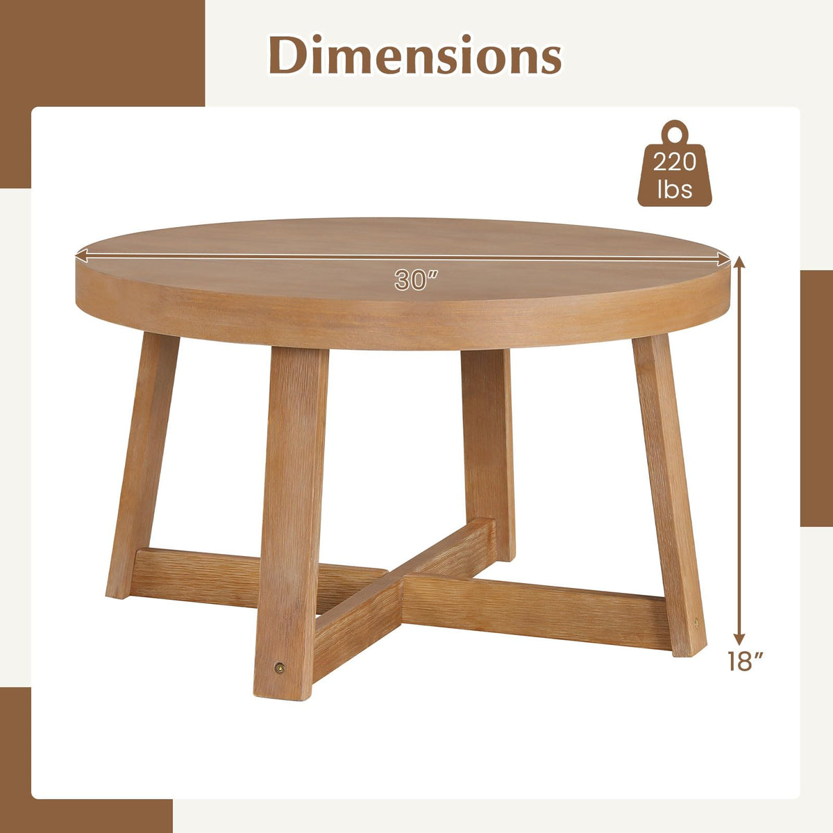 Goflame 30" Wood Center Table with Thickened Tabletop & Cross-Shaped Pine Wood Frame