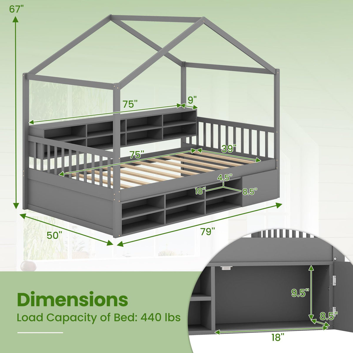 Goflame Twin Size House Bed with Storage, Wooden Montessori House Bed with 14 Storage Cubes
