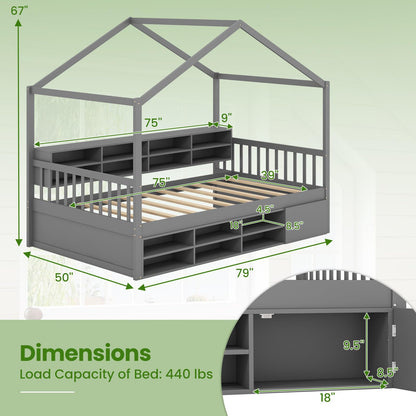 Goflame Twin Size House Bed with Storage, Wooden Montessori House Bed with 14 Storage Cubes