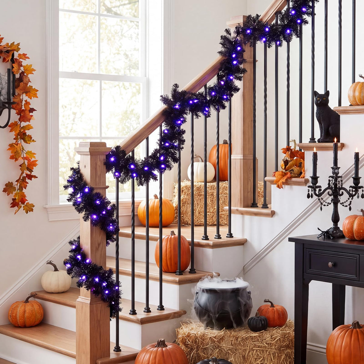 GOFLAME 9FT Pre-lit Black Halloween Garland with 50 Purple LED Lights