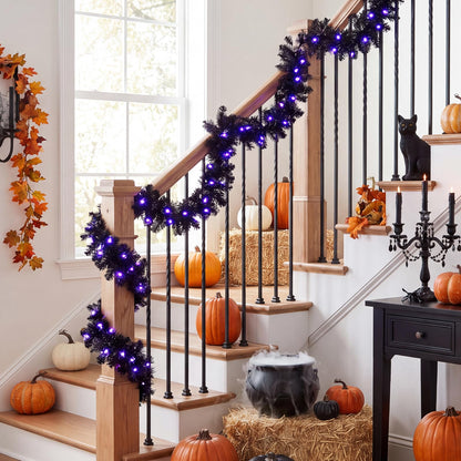 GOFLAME 9FT Pre-lit Black Halloween Garland with 50 Purple LED Lights