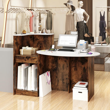 Goflame Reception Desk, Front Counter Desk with Lockable Drawer, Oval Tabletop & Adjustable Shelf