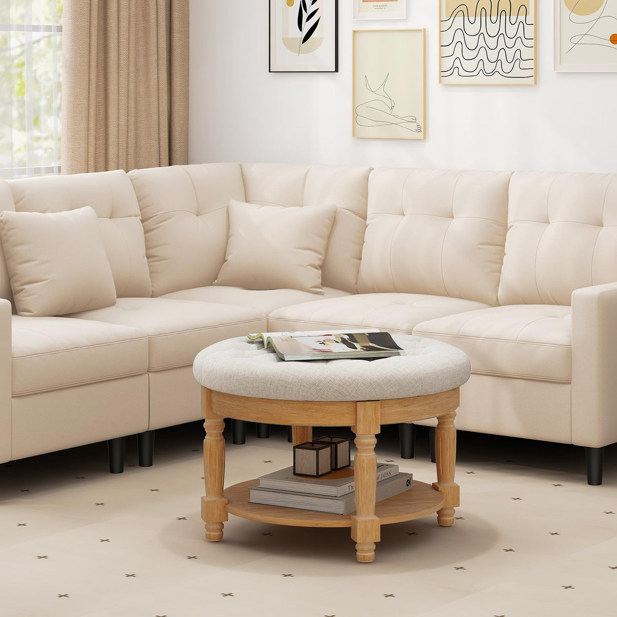 Goflame Large Ottoman Coffee Table - 29 inch Oversized Round Ottoman with Storage Shelf, Flip up Top, Wood Legs