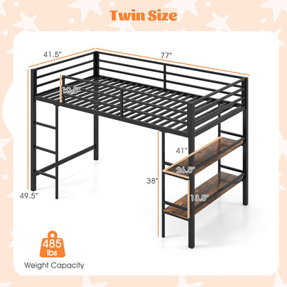 Goflame Low Loft Bed Twin Size Heavy Duty Metal Frame w/Storage Shelves