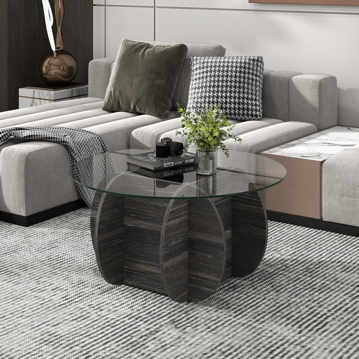Goflame 35" Glass Round Coffee Table with Storage Tempered Glass Top & Solid Wood Base