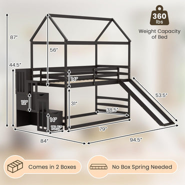Goflame House Bunk Bed Twin Over Twin with Slide and Storage Stairs, Solid Wood Low Loft Bed Frame with Roof & Guardrail