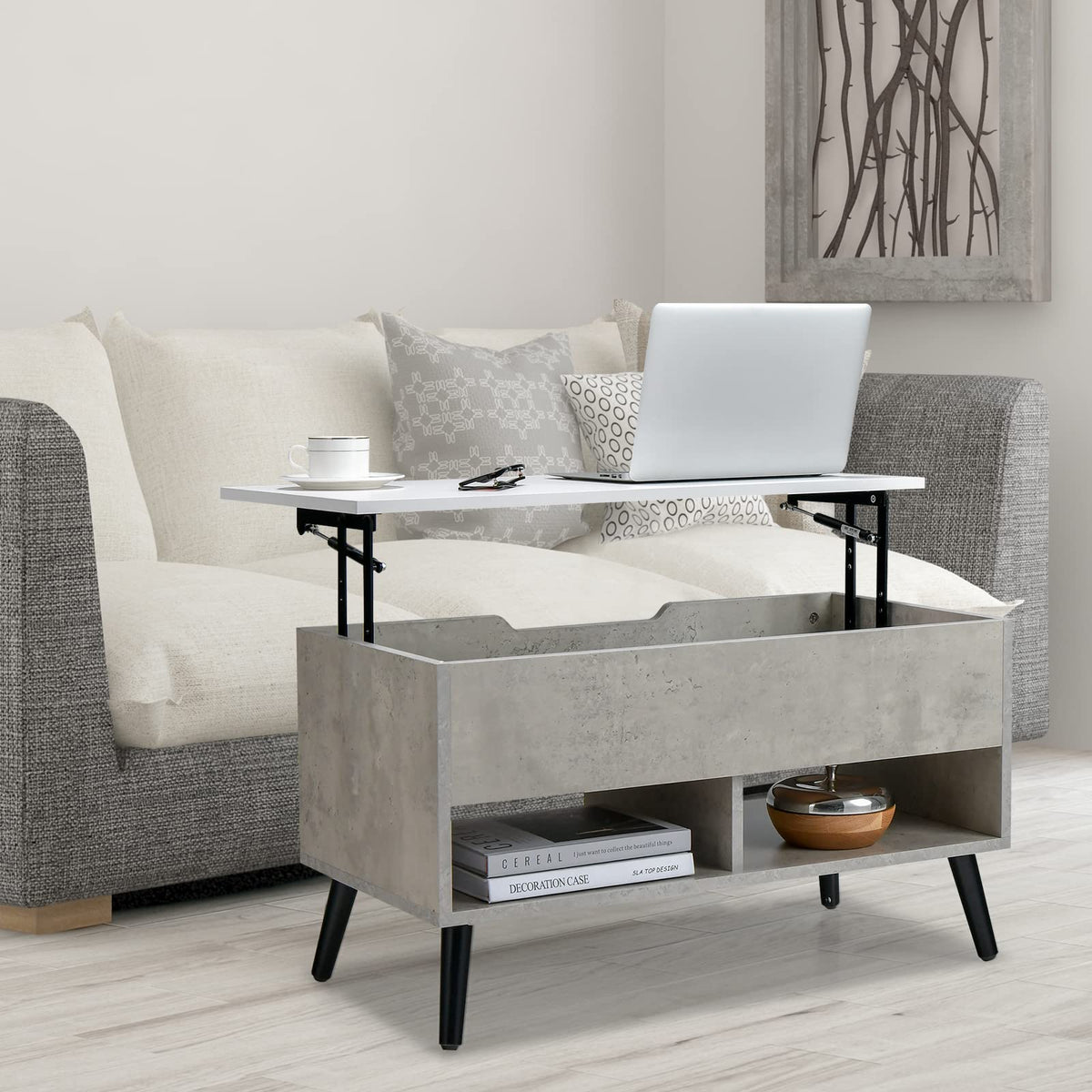 Goflame Lift Top Coffee Table, Modern Cocktail Table w/Hidden Compartment & 2 Open Shelves