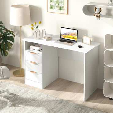 Goflame White Desk with Drawers, Modern Home Office Desk Writing Study Desk with Charging Station