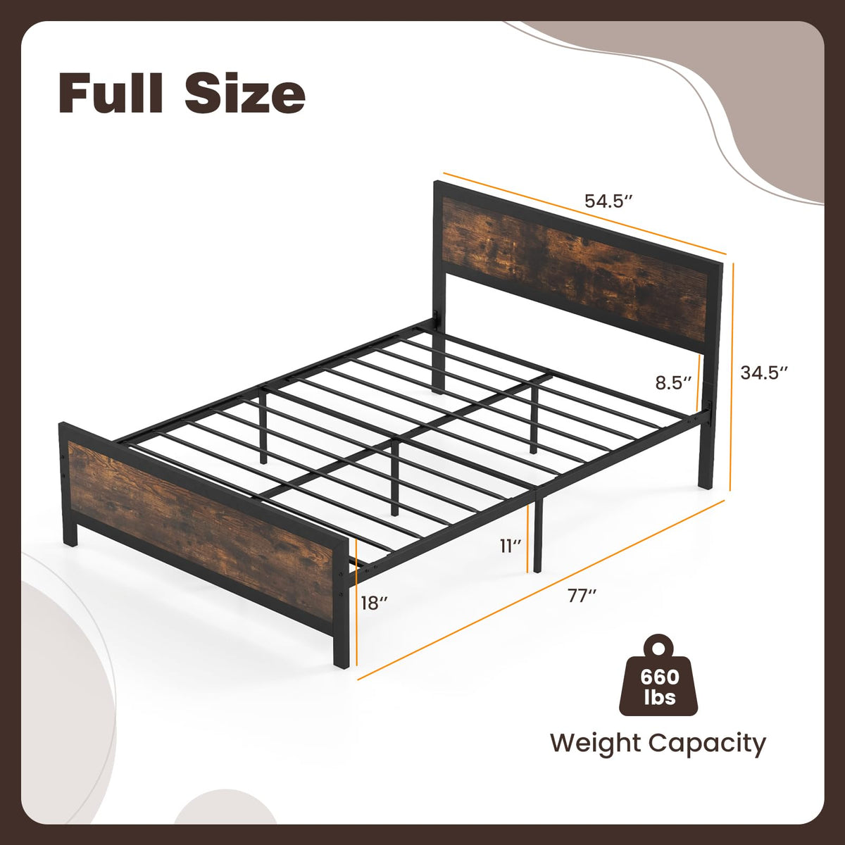 Goflame Metal Full Size Platform Bed Frame with Wood Headboard and Footboard