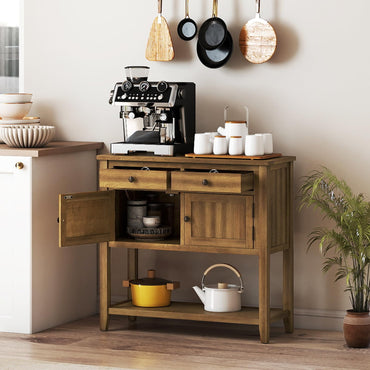 Goflame Mid-Century Console Table Wood Coffee Bar Buffet Sideboard with 2 Drawers