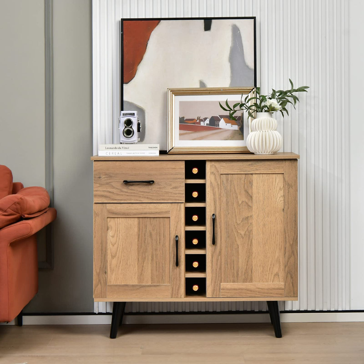 Goflame Buffet Sideboard Storage Cabinet - Wood Pantry Cupboard with 6-Bottle Wine Rack