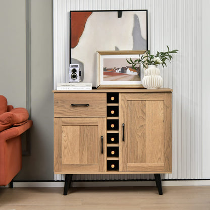 Goflame Buffet Sideboard Storage Cabinet - Wood Pantry Cupboard with 6-Bottle Wine Rack