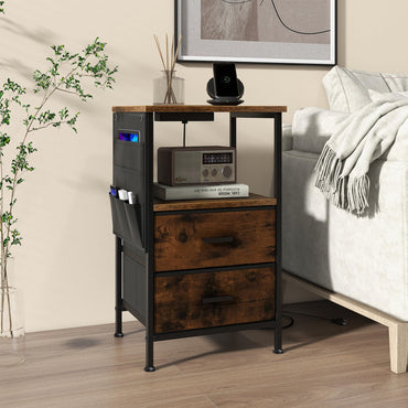 Goflame Nightstand with Charging Station, Industrial Bedside Table with 2 Fabric Drawers & 6 Storage Pockets