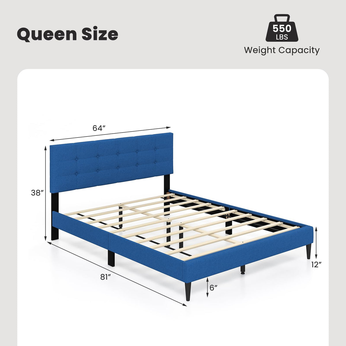 Goflame Queen/Twin Size Platform Bed Frame with Button Tufted Headboard and Wooden Slats