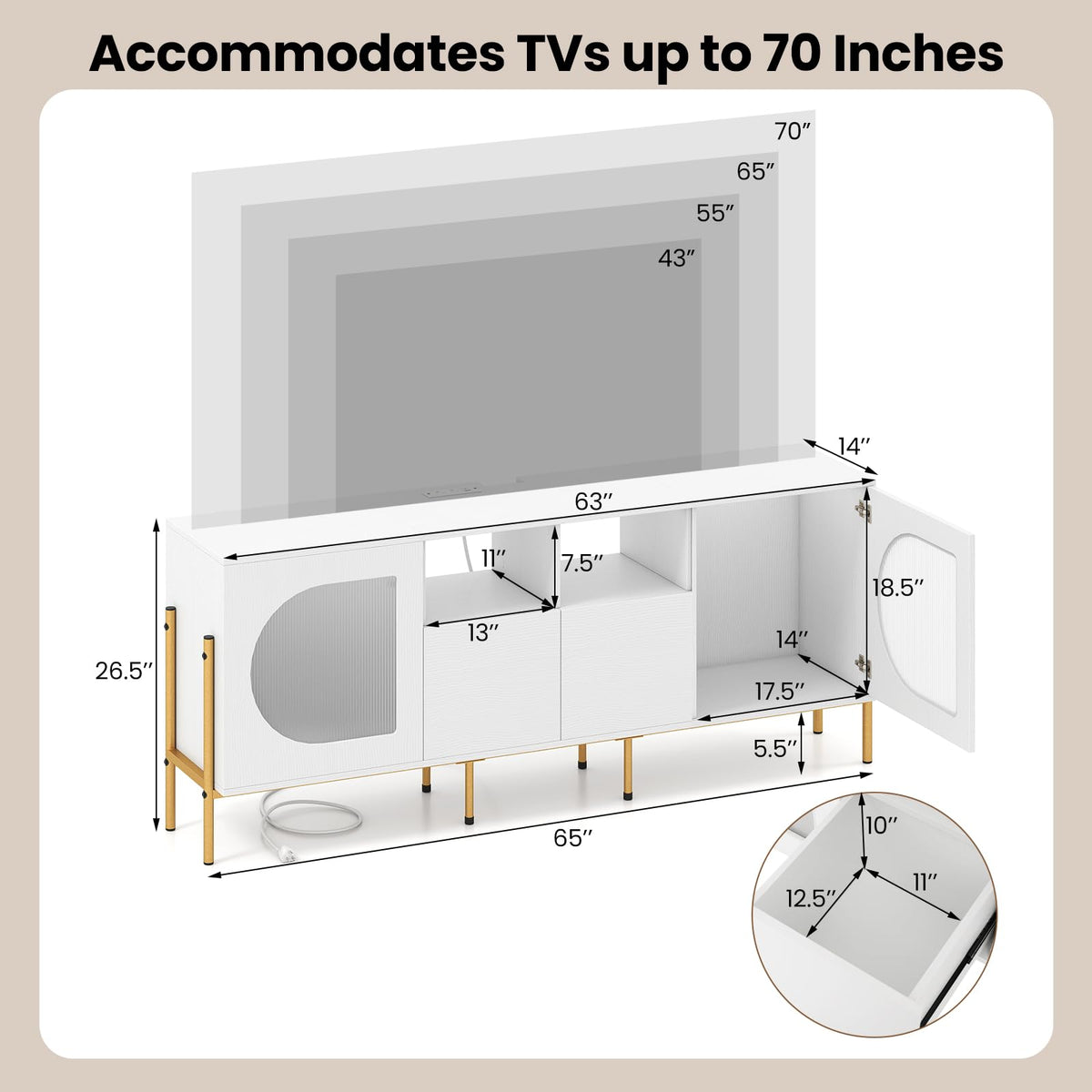 Goflame White TV Stand for TVs up to 70" Modern Entertainment Center with Power Outlets