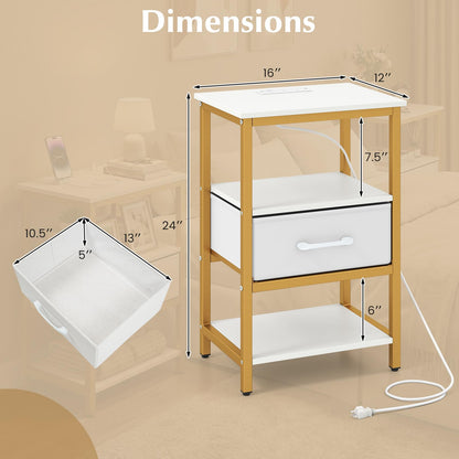 Goflame Nightstand with Charging Station and Adjustable Fabric Drawer for Bedroom and Living Room