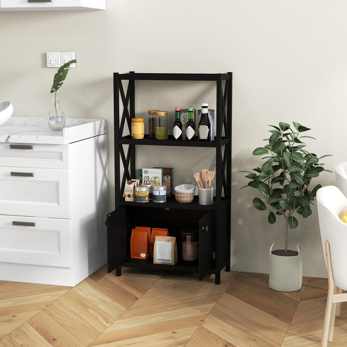 Goflame Storage Cabinet, Freestanding Storage Organizer with Open Shelves, Double Doors