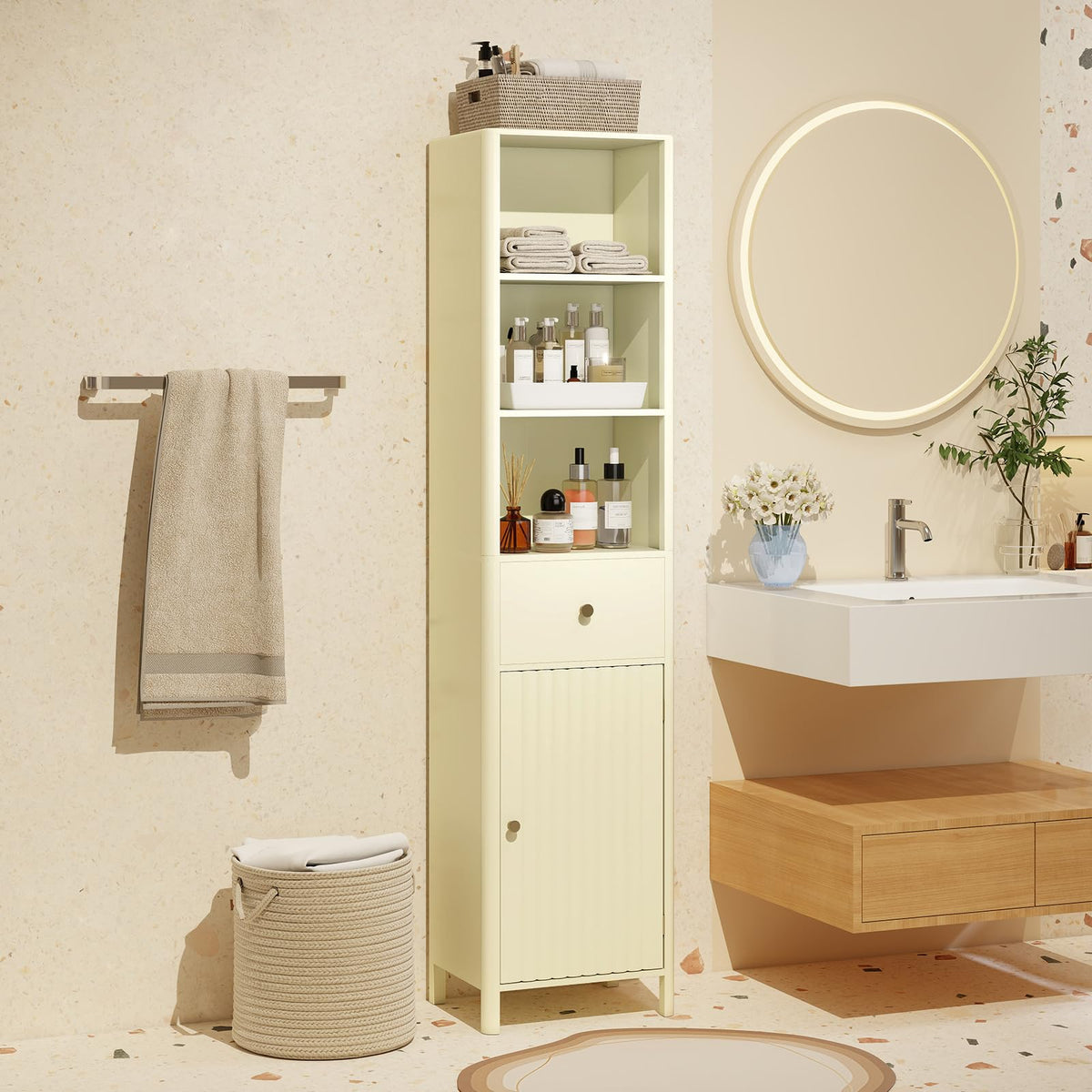 Goflame 67 Inch Tall Bathroom Cabinet, Narrow Floor Cabinet with Fluted Door