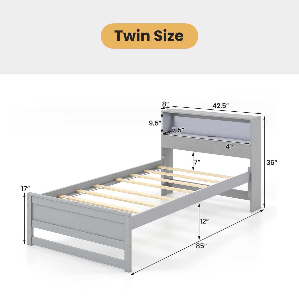 Goflame Twin Bed Frames with Storage Headboard, Wood Platform Bed with Charging Station & LED Light