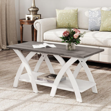 Goflame Farmhouse Coffee Table 2-Tier Wood Center Table with Storage Shelf & X-Shaped Support Legs