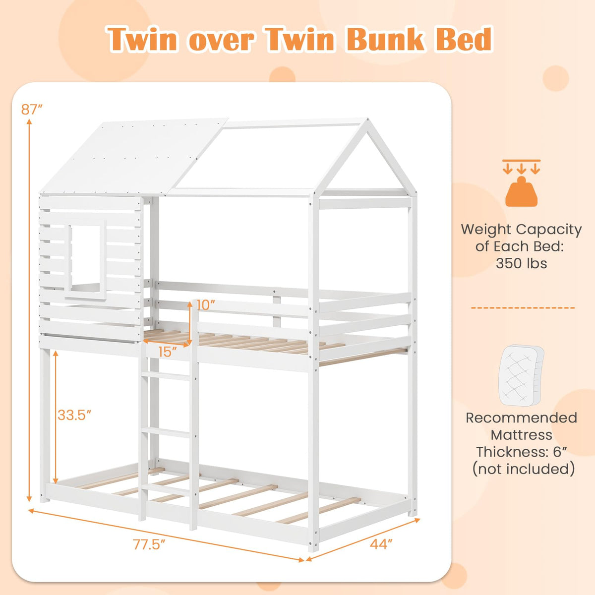 Goflame White Wood Bunk Bed Twin Over Twin with Ladder and Guardrail